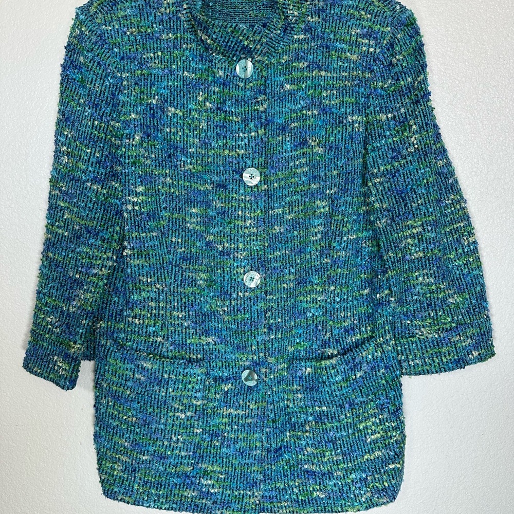 St. John Turquoise and Lime Metallic Knit Sweater